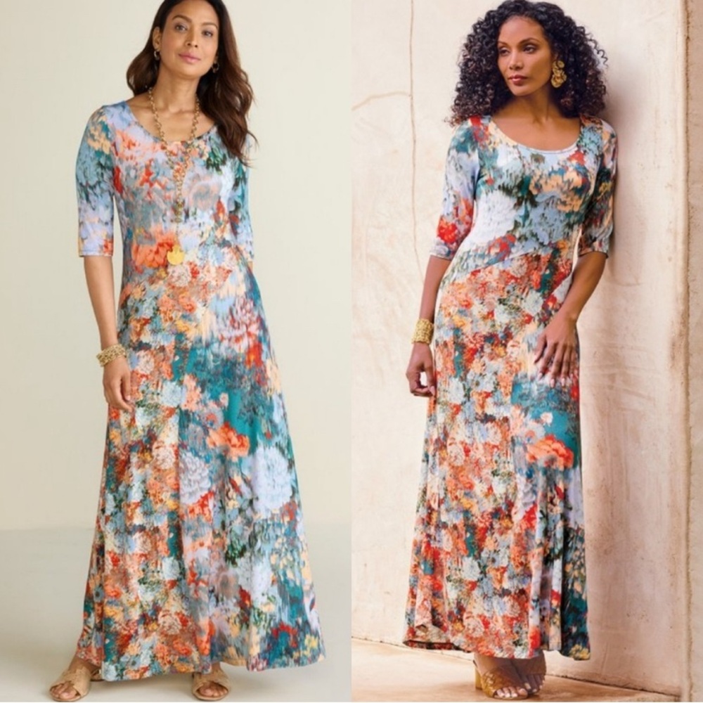 Soft Surroundings Nanette Watercolor‎ Floral Half Sleeve Maxi Dress Size Small